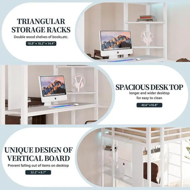Alt view image 5 of 7 - Metal Twin Loft Bed with Desk, Twin Size Loft Bed with 2 Built-in Ladders & Safety Guard, Noise Free for Small Bedroom, Matte White