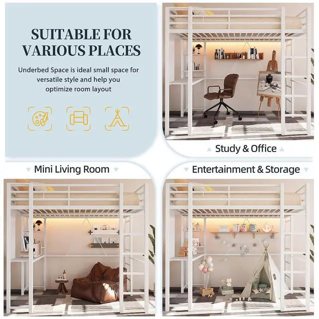 Alt view image 3 of 7 - Metal Twin Loft Bed with Desk, Twin Size Loft Bed with 2 Built-in Ladders & Safety Guard, Noise Free for Small Bedroom, Matte White