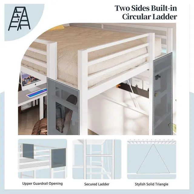 Alt view image 6 of 7 - Metal Twin Loft Bed with Desk, Twin Size Loft Bed with 2 Built-in Ladders & Safety Guard, Noise Free for Small Bedroom, Matte White
