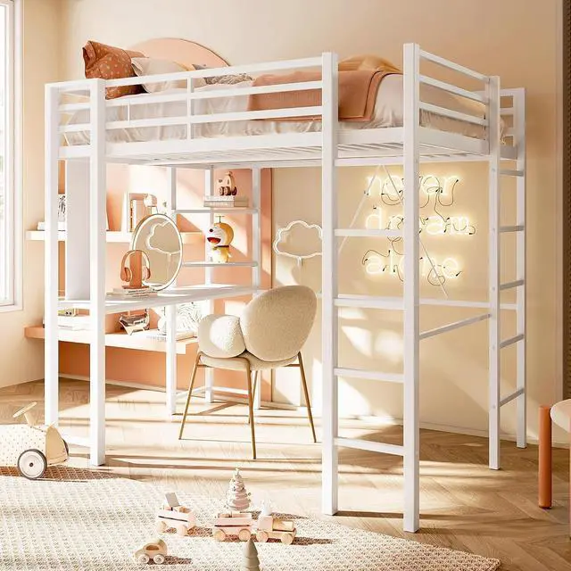 Alt view image 7 of 7 - Metal Twin Loft Bed with Desk, Twin Size Loft Bed with 2 Built-in Ladders & Safety Guard, Noise Free for Small Bedroom, Matte White