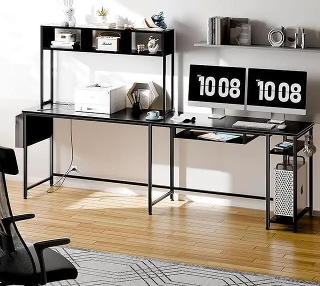Main image of L Shaped Writing Gaming Desk with Hutch,66 inch Large Work Desk, Laptop Stand for Desk, Simple Assembly, Steel Frame, Black