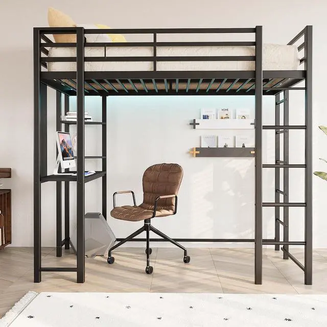 Main image of Twin Loft Bed with Desk, Metal Twin Loft Bed with 2 Built-in Ladders, Compact Bed Frame, Safeguard, Black, Noiseless for Small Bedroom