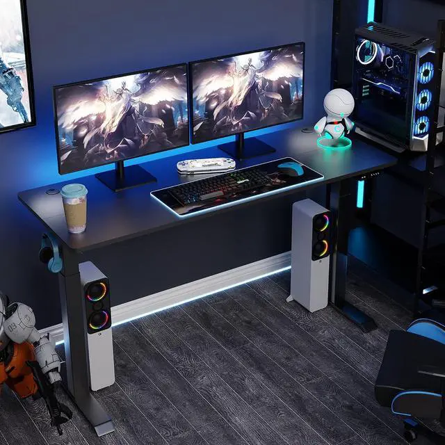Alt view image 2 of 7 - Height Adjustable Electric Standing Desk, 63 x 24 Inches Home Office Stand Up Table Computer Workstation with Splice Table Board & Memory Controller (Black Frame + Black Desktop)