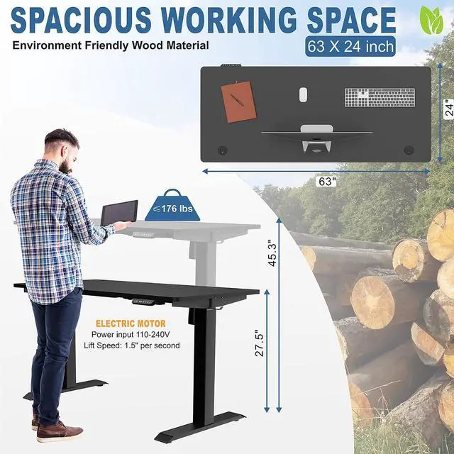 Alt view image 3 of 7 - Height Adjustable Electric Standing Desk, 63 x 24 Inches Home Office Stand Up Table Computer Workstation with Splice Table Board & Memory Controller (Black Frame + Black Desktop)