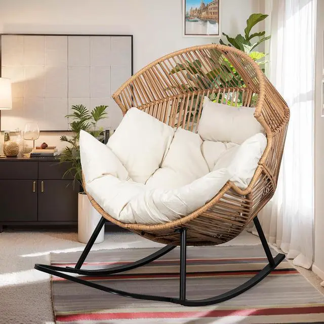 Main image of Wicker Egg Chair PE Rattan Rocking Chair with Cushion, Oversized Patio Lounge Rocker Chair for Outdoor, Indoor, Balcony, Backyard, Garden, Beige