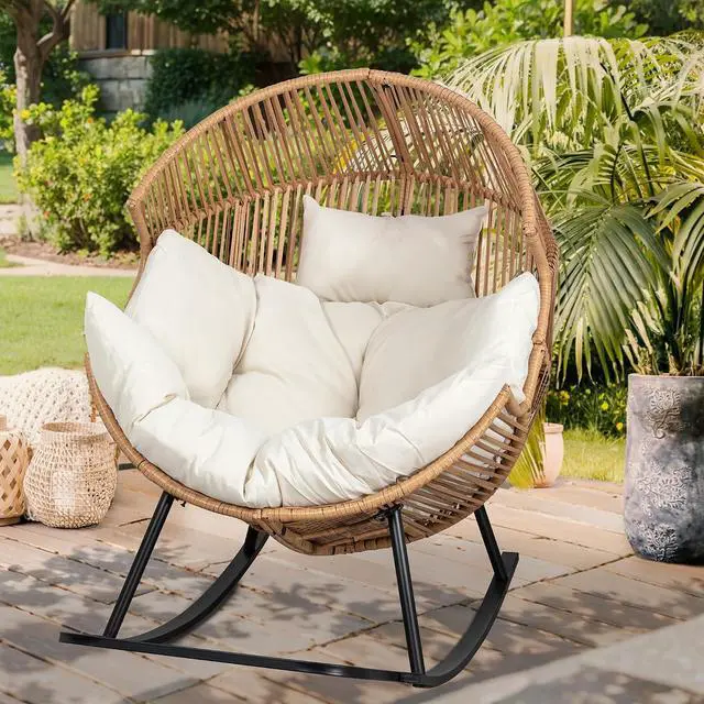 Alt view image 2 of 7 - Wicker Egg Chair PE Rattan Rocking Chair with Cushion, Oversized Patio Lounge Rocker Chair for Outdoor, Indoor, Balcony, Backyard, Garden, Beige