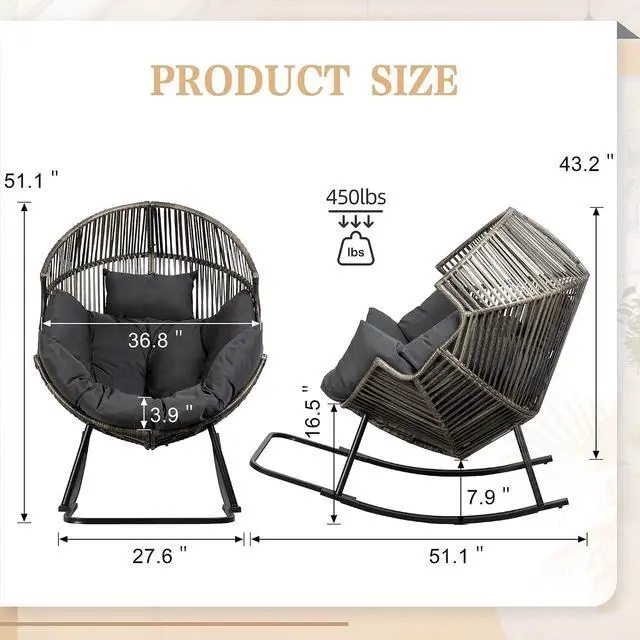 Alt view image 3 of 7 - Wicker Egg Chair PE Rattan Rocking Chair with Cushion, Oversized Patio Lounge Rocker Chair for Outdoor, Indoor, Balcony, Backyard, Garden, Black/Rattan