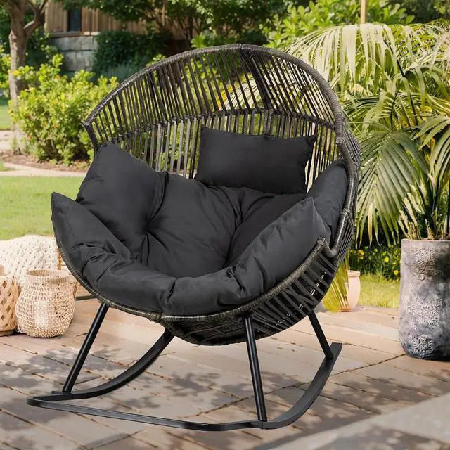 Alt view image 2 of 7 - Wicker Egg Chair PE Rattan Rocking Chair with Cushion, Oversized Patio Lounge Rocker Chair for Outdoor, Indoor, Balcony, Backyard, Garden, Black/Rattan