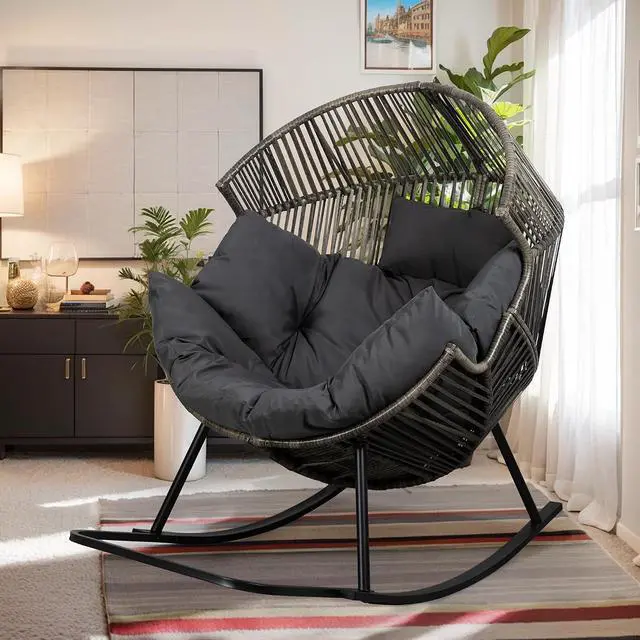 Main image of Wicker Egg Chair PE Rattan Rocking Chair with Cushion, Oversized Patio Lounge Rocker Chair for Outdoor, Indoor, Balcony, Backyard, Garden, Black/Rattan