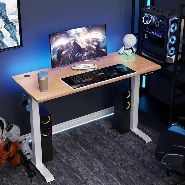 Alt view image 2 of 7 - Height Adjustable Electric Standing Desk, 55 x 24 Inches Home Office Stand Up Table Computer Workstation with Splice Table Board & Memory Controller (White Frame + Maple Desktop)