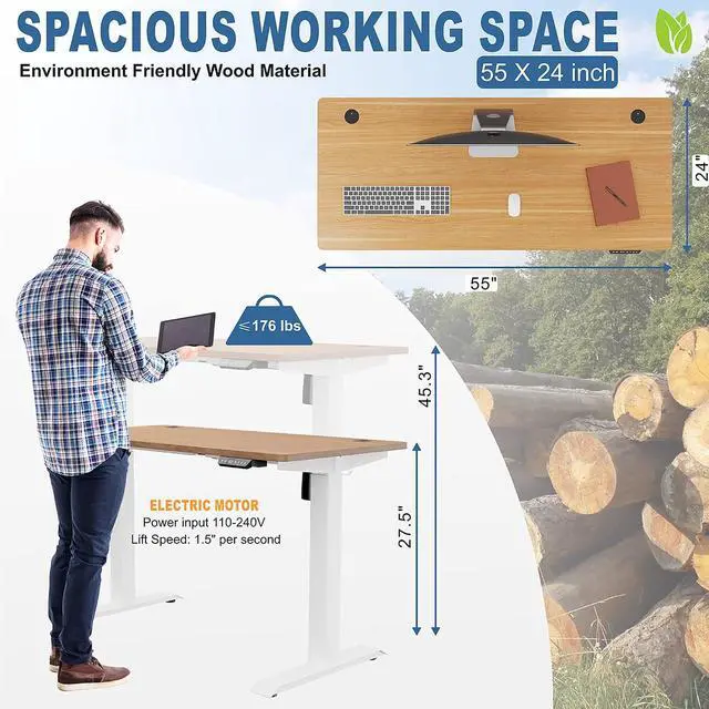 Alt view image 7 of 7 - Height Adjustable Electric Standing Desk, 55 x 24 Inches Home Office Stand Up Table Computer Workstation with Splice Table Board & Memory Controller (White Frame + Maple Desktop)
