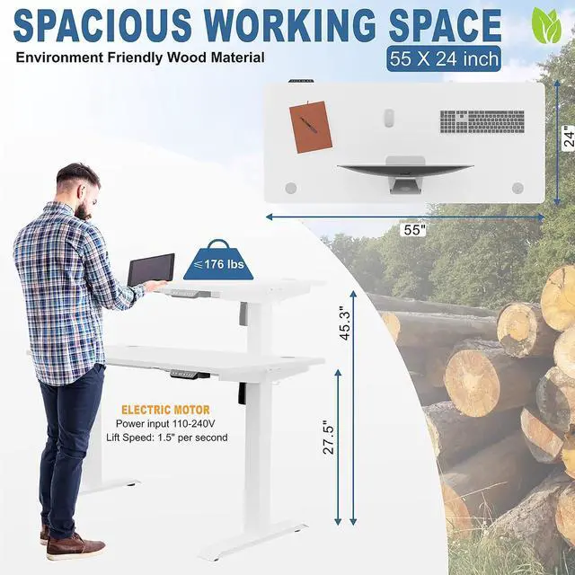 Alt view image 3 of 7 - Height Adjustable Electric Standing Desk, 55 x 24 Inches Home Office Stand Up Table Computer Workstation with Splice Table Board & Memory Controller (White Frame + White Desktop)
