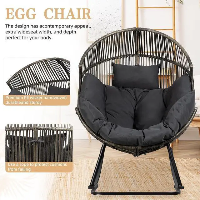 Alt view image 4 of 7 - Wicker Egg Chair PE Rattan Rocking Chair with Cushion, Oversized Patio Lounge Rocker Chair for Outdoor, Indoor, Balcony, Backyard, Garden, Black/Rattan