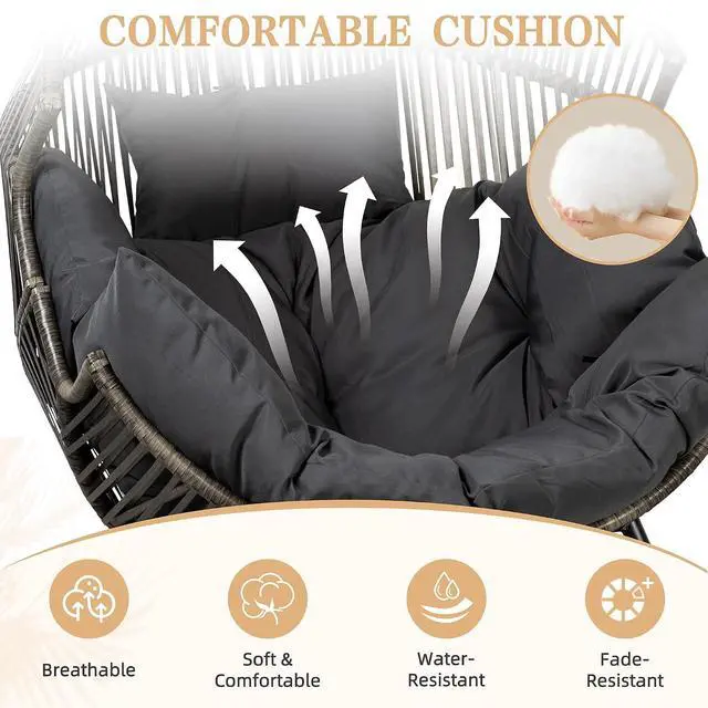 Alt view image 5 of 7 - Wicker Egg Chair PE Rattan Rocking Chair with Cushion, Oversized Patio Lounge Rocker Chair for Outdoor, Indoor, Balcony, Backyard, Garden, Black/Rattan