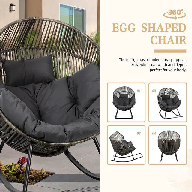 Alt view image 7 of 7 - Wicker Egg Chair PE Rattan Rocking Chair with Cushion, Oversized Patio Lounge Rocker Chair for Outdoor, Indoor, Balcony, Backyard, Garden, Black/Rattan