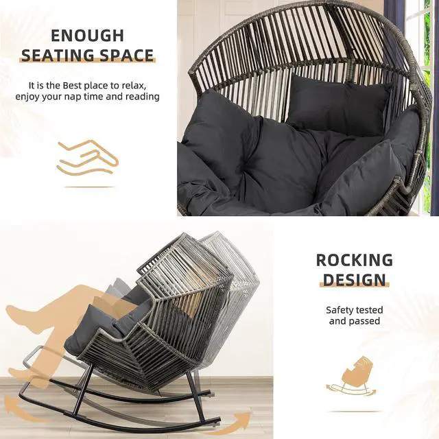 Alt view image 6 of 7 - Wicker Egg Chair PE Rattan Rocking Chair with Cushion, Oversized Patio Lounge Rocker Chair for Outdoor, Indoor, Balcony, Backyard, Garden, Black/Rattan