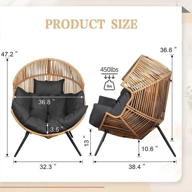 Alt view image 2 of 7 - Outdoor Wicker Egg Chair PE Rattan Chair with Cushion, Oversized Patio Lounge Chair for Outdoor, Indoor, Balcony, Backyard, Garden, Black