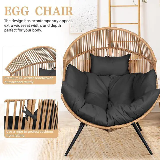 Alt view image 3 of 7 - Outdoor Wicker Egg Chair PE Rattan Chair with Cushion, Oversized Patio Lounge Chair for Outdoor, Indoor, Balcony, Backyard, Garden, Black