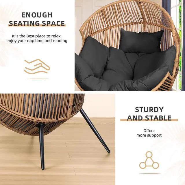 Alt view image 4 of 7 - Outdoor Wicker Egg Chair PE Rattan Chair with Cushion, Oversized Patio Lounge Chair for Outdoor, Indoor, Balcony, Backyard, Garden, Black