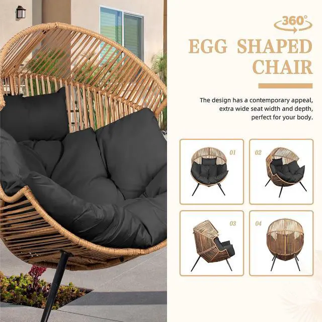Alt view image 6 of 7 - Outdoor Wicker Egg Chair PE Rattan Chair with Cushion, Oversized Patio Lounge Chair for Outdoor, Indoor, Balcony, Backyard, Garden, Black
