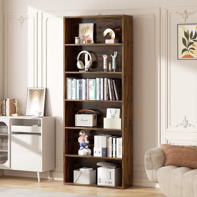 Main image of 6-Tier Open Bookcase and Bookshelf, Floor Standing Wood Display Storage Shelves 71 Inch Tall Bookcase Home Decor Furniture for Home Office, Living Room, Bed Room, Rustic Brown