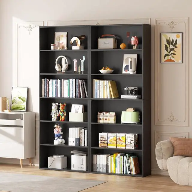Main image of 6-Tier Open Bookcase and Bookshelf, Floor Standing Wood Display Storage Shelves 71 Inch Tall Bookcase Home Decor Furniture for Home Office, Living Room, Bed Room, Black, 2 Pieces