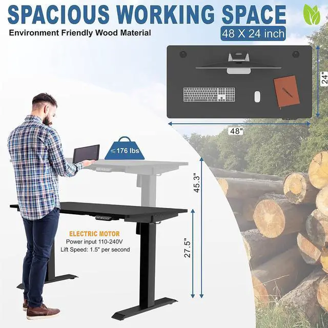 Alt view image 3 of 7 - Height Adjustable Electric Standing Desk, 48 x 24 Inches Home Office Stand Up Table Computer Workstation with Splice Table Board & Memory Controller (Black Frame + Black Desktop)