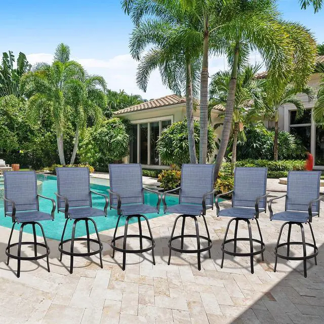 Alt view image 2 of 7 - 6 Piece Patio Swivel Bar Chairs, All Weather Metal Textile High Swivel Bar Stools Chairs, Outdoor High Top Bistro Set for Backyard, Lawn Garden, Balcony, Denim Blue