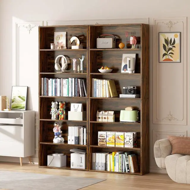 Main image of 6-Tier Open Bookcase and Bookshelf, Floor Standing Wood Display Storage Shelves 71 Inch Tall Bookcase Home Decor Furniture for Home Office, Living Room, Bed Room, Rustic Brown, 2 Pieces