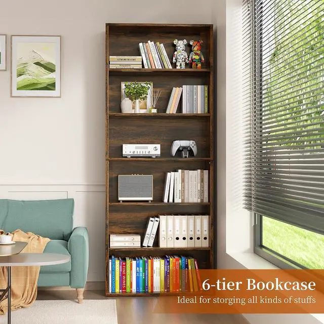 Alt view image 4 of 7 - 6-Tier Open Bookcase and Bookshelf, Floor Standing Wood Display Storage Shelves 71 Inch Tall Bookcase Home Decor Furniture for Home Office, Living Room, Bed Room, Rustic Brown, 2 Pieces