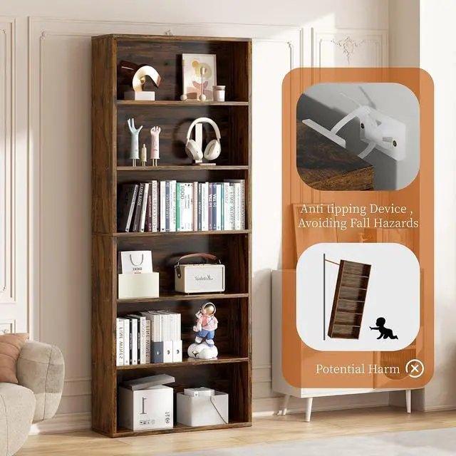Alt view image 6 of 7 - 6-Tier Open Bookcase and Bookshelf, Floor Standing Wood Display Storage Shelves 71 Inch Tall Bookcase Home Decor Furniture for Home Office, Living Room, Bed Room, Rustic Brown, 2 Pieces
