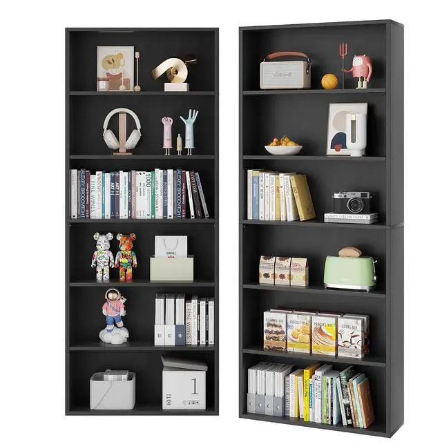 Alt view image 7 of 7 - 6-Tier Open Bookcase and Bookshelf, Floor Standing Wood Display Storage Shelves 71 Inch Tall Bookcase Home Decor Furniture for Home Office, Living Room, Bed Room, Black, 2 Pieces