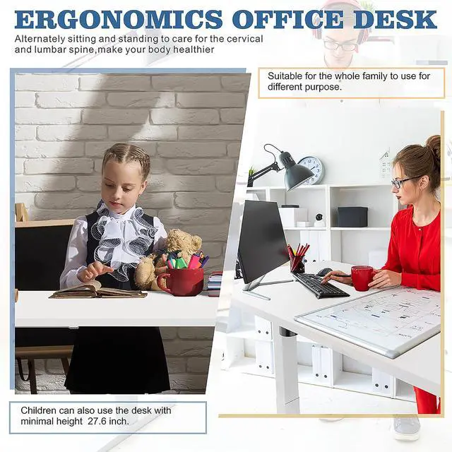 Alt view image 5 of 7 - Height Adjustable Electric Standing Desk, 63 x 24 Inches Home Office Stand Up Table Computer Workstation with Splice Table Board & Memory Controller (White Frame + White Desktop)