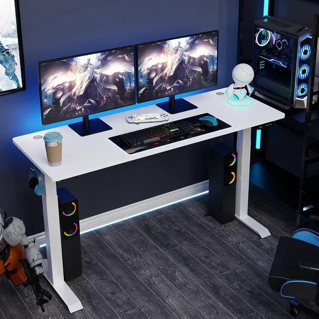Alt view image 2 of 7 - Height Adjustable Electric Standing Desk, 63 x 24 Inches Home Office Stand Up Table Computer Workstation with Splice Table Board & Memory Controller (White Frame + White Desktop)