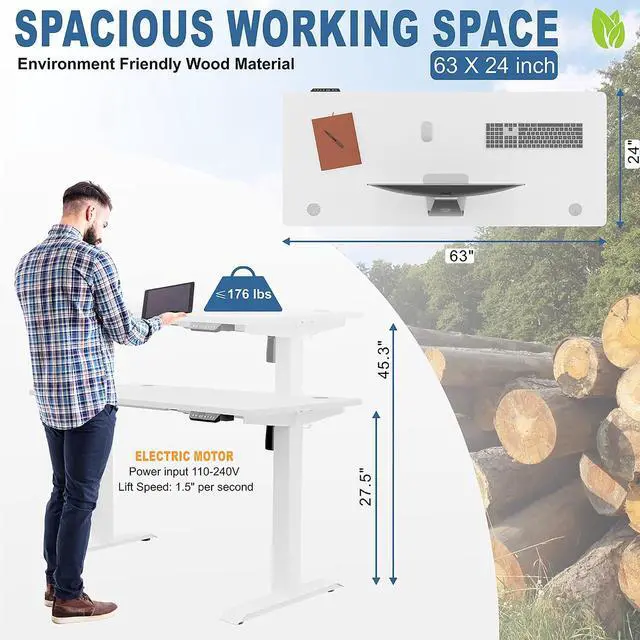 Alt view image 3 of 7 - Height Adjustable Electric Standing Desk, 63 x 24 Inches Home Office Stand Up Table Computer Workstation with Splice Table Board & Memory Controller (White Frame + White Desktop)