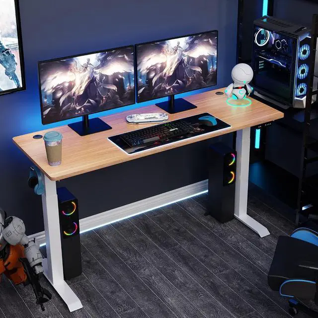 Alt view image 2 of 7 - Height Adjustable Electric Standing Desk, 63 x 24 Inches Home Office Stand Up Table Computer Workstation with Splice Table Board & Memory Controller (White Frame + Maple Desktop)