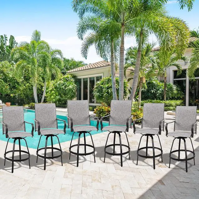 Alt view image 2 of 7 - 6 Piece Patio Swivel Bar Chairs, All Weather Metal Textile High Swivel Bar Stools Chairs, Outdoor High Top Bistro Set for Backyard, Lawn Garden, Balcony, Light Grey
