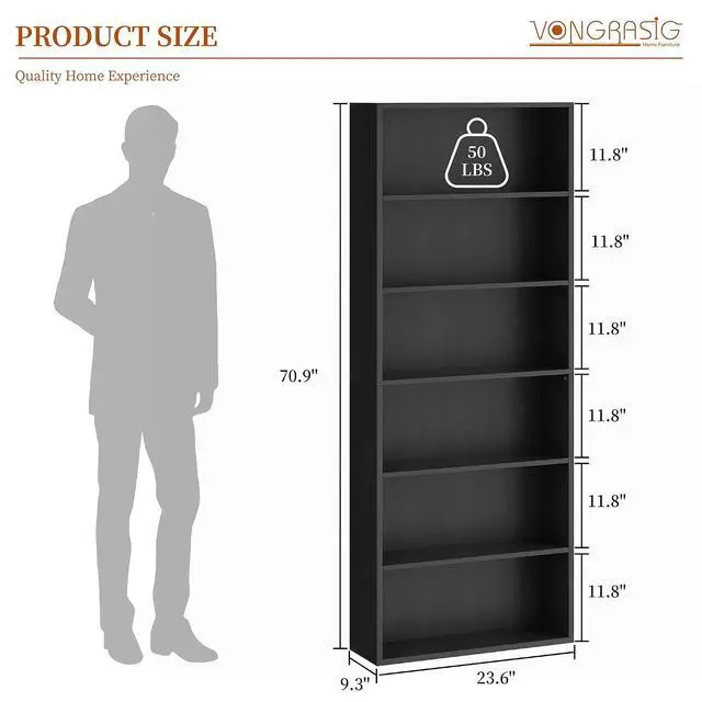 Alt view image 2 of 7 - 6-Tier Open Bookcase and Bookshelf, Floor Standing Wood Display Storage Shelves 71 Inch Tall Bookcase Home Decor Furniture for Home Office, Living Room, Bed Room, Black, 2 Pieces