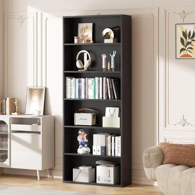 Main image of 6-Tier Open Bookcase and Bookshelf, Floor Standing Wood Display Storage Shelves 71 Inch Tall Bookcase Home Decor Furniture for Home Office, Living Room, Bed Room, Black