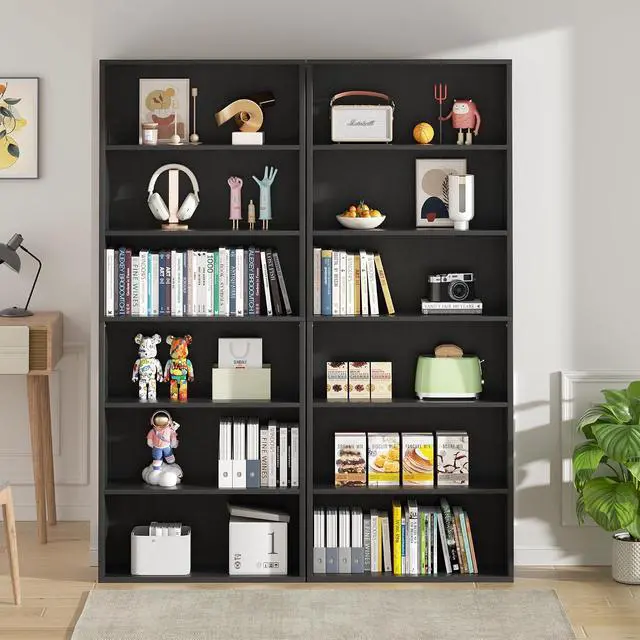 Alt view image 3 of 7 - 6-Tier Open Bookcase and Bookshelf, Floor Standing Wood Display Storage Shelves 71 Inch Tall Bookcase Home Decor Furniture for Home Office, Living Room, Bed Room, Black, 2 Pieces