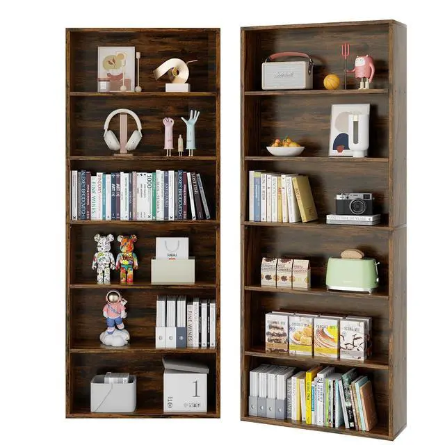 Alt view image 7 of 7 - 6-Tier Open Bookcase and Bookshelf, Floor Standing Wood Display Storage Shelves 71 Inch Tall Bookcase Home Decor Furniture for Home Office, Living Room, Bed Room, Rustic Brown, 2 Pieces
