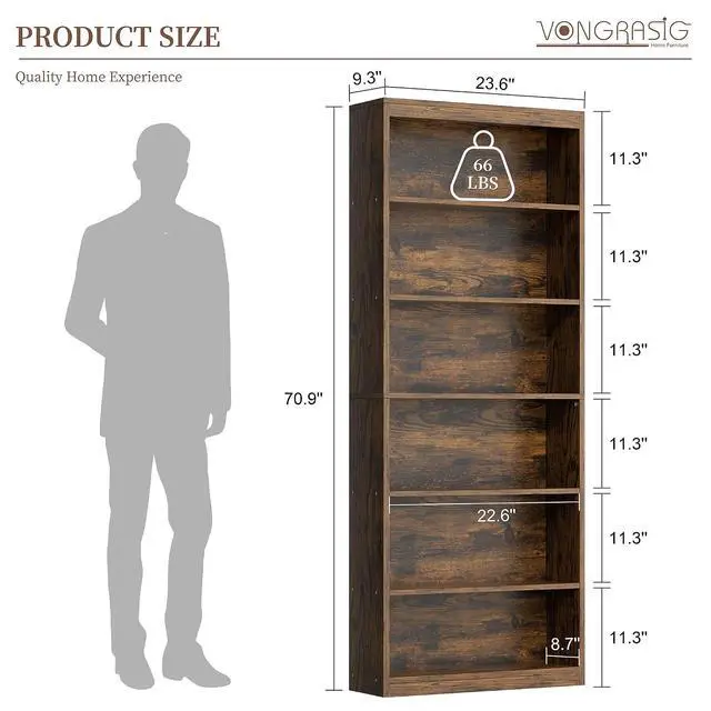 Alt view image 2 of 7 - 6-Tier Open Bookshelf, Modern Wood Bookcase, Rustic Brown | 71" Tall Floor Standing Bookcase, Wood Display Storage Shelf for Home Office Living Room