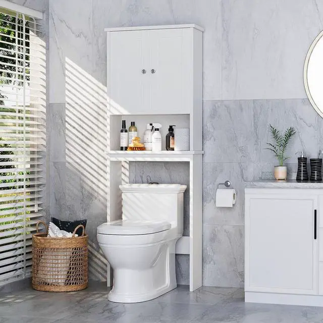Main image of Over the Toilet Storage Cabinet, Bathroom Storage Organizer Over Toilet, Space Saver W/Adjustable Shelf & Open Shelf, White