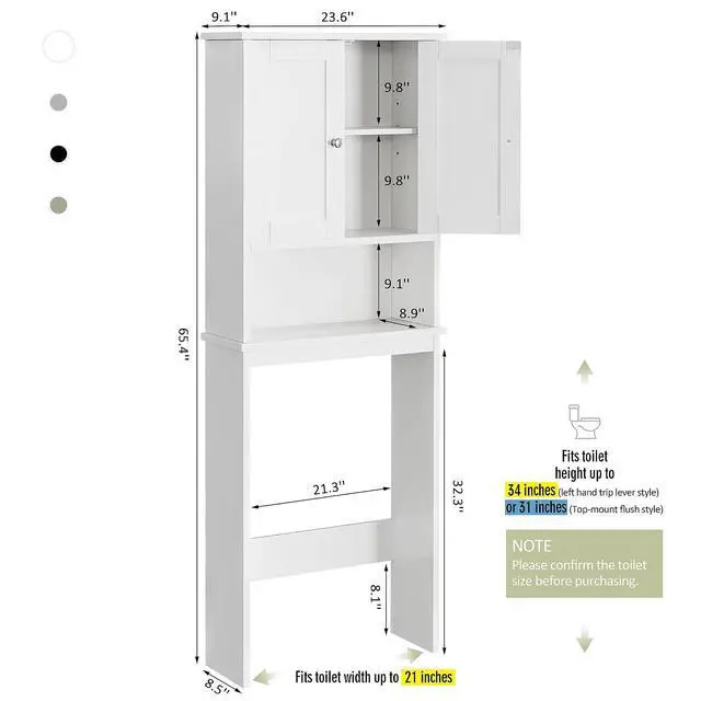 Alt view image 2 of 7 - Over the Toilet Storage Cabinet, Bathroom Storage Organizer Over Toilet, Space Saver W/Adjustable Shelf & Open Shelf, White