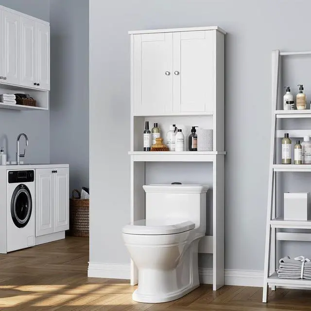 Alt view image 3 of 7 - Over the Toilet Storage Cabinet, Bathroom Storage Organizer Over Toilet, Space Saver W/Adjustable Shelf & Open Shelf, White