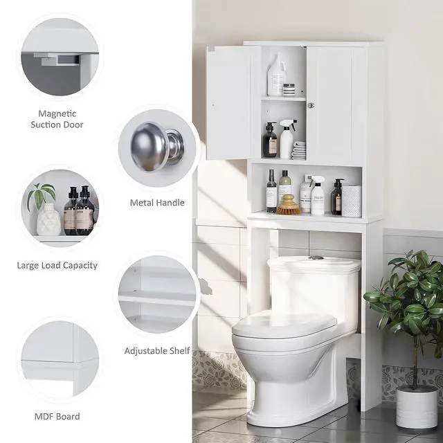 Alt view image 5 of 7 - Over the Toilet Storage Cabinet, Bathroom Storage Organizer Over Toilet, Space Saver W/Adjustable Shelf & Open Shelf, White
