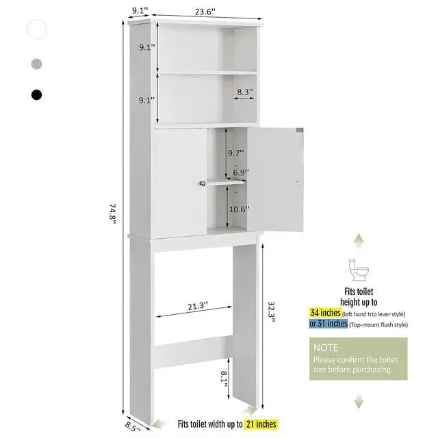 Alt view image 2 of 7 - Over the Toilet Storage Cabinet for Bathroom, Extra Tall Over Toilet Storage, Space Saver W/Adjustable Shelf & Open Storage Shelf, 75in, White