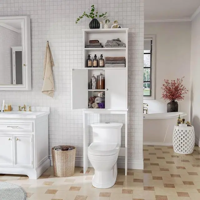 Alt view image 3 of 7 - Over the Toilet Storage Cabinet for Bathroom, Extra Tall Over Toilet Storage, Space Saver W/Adjustable Shelf & Open Storage Shelf, 75in, White