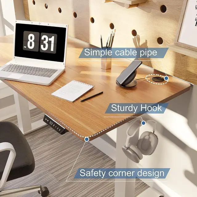 Alt view image 6 of 7 - Height Adjustable Electric Standing Desk, 63 x 24 Inches Home Office Stand Up Table Computer Workstation with Splice Table Board & Memory Controller (White Frame + Maple Desktop)