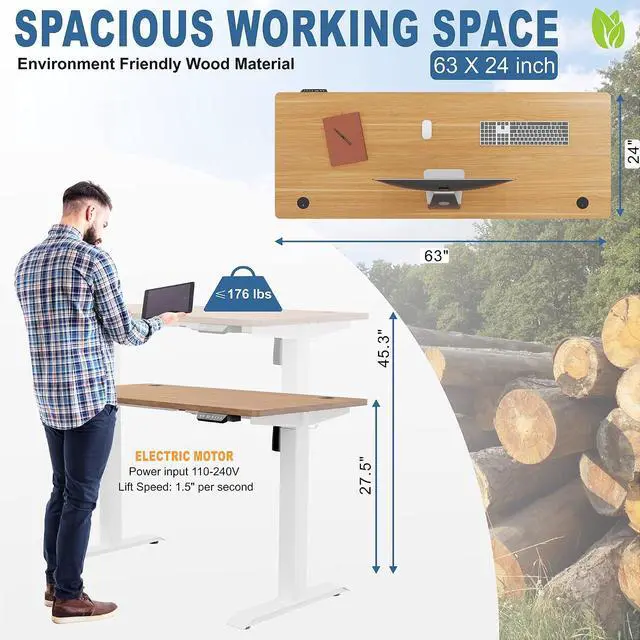 Alt view image 3 of 7 - Height Adjustable Electric Standing Desk, 63 x 24 Inches Home Office Stand Up Table Computer Workstation with Splice Table Board & Memory Controller (White Frame + Maple Desktop)